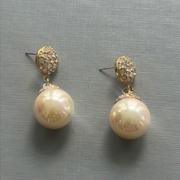 vintage Roman large cream iridescent & crystal pearl drop earrings BEAUTIFUL - Picture 2 of 5